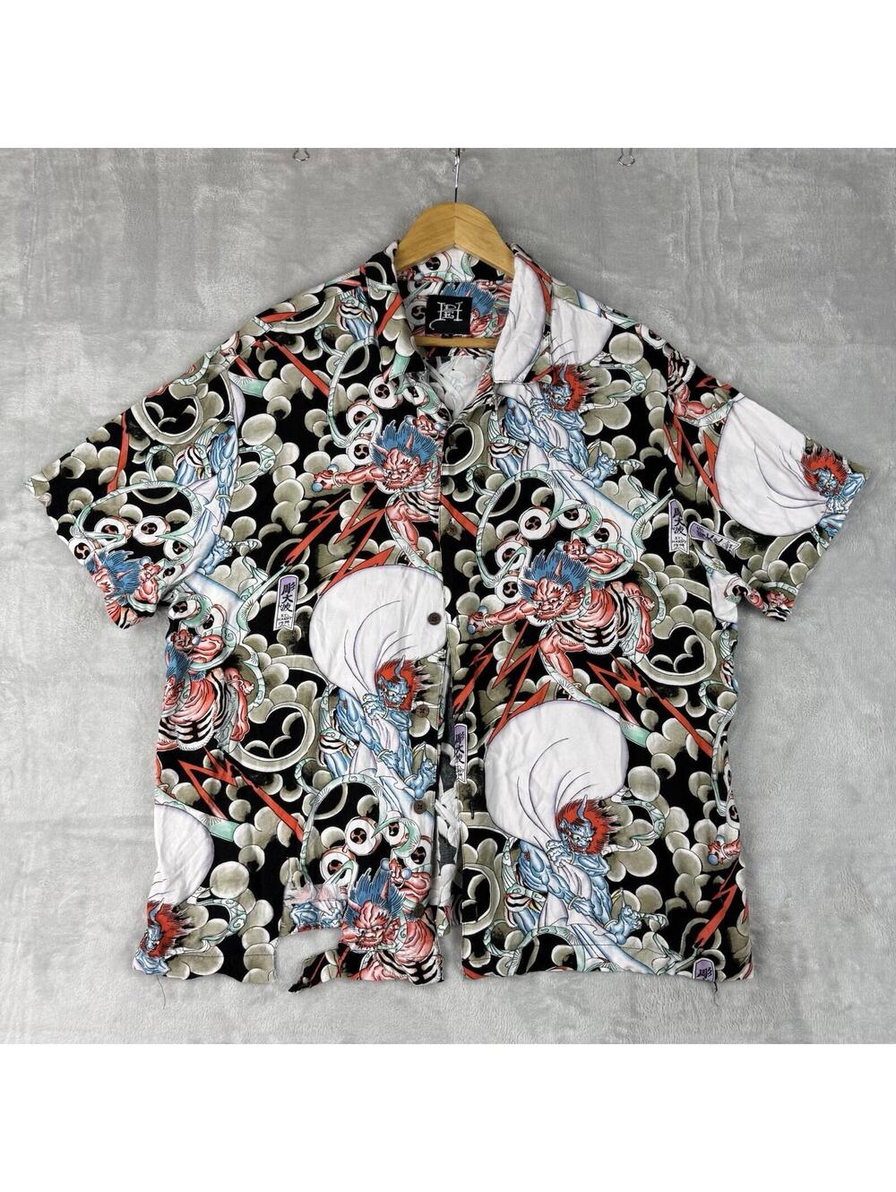 Ed Hardy Tattoo Collage Japan Camp Shirt XL Hawaiian Button-Up Men Y2K ‘Flawed’